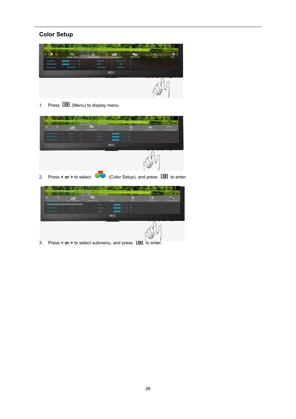 Color setup | AOC E2460SH User Manual | Page 26 / 66