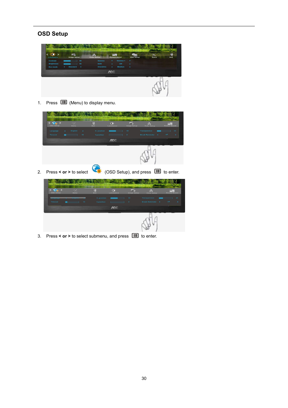 Osd setup | AOC E2460SH User Manual | Page 30 / 66