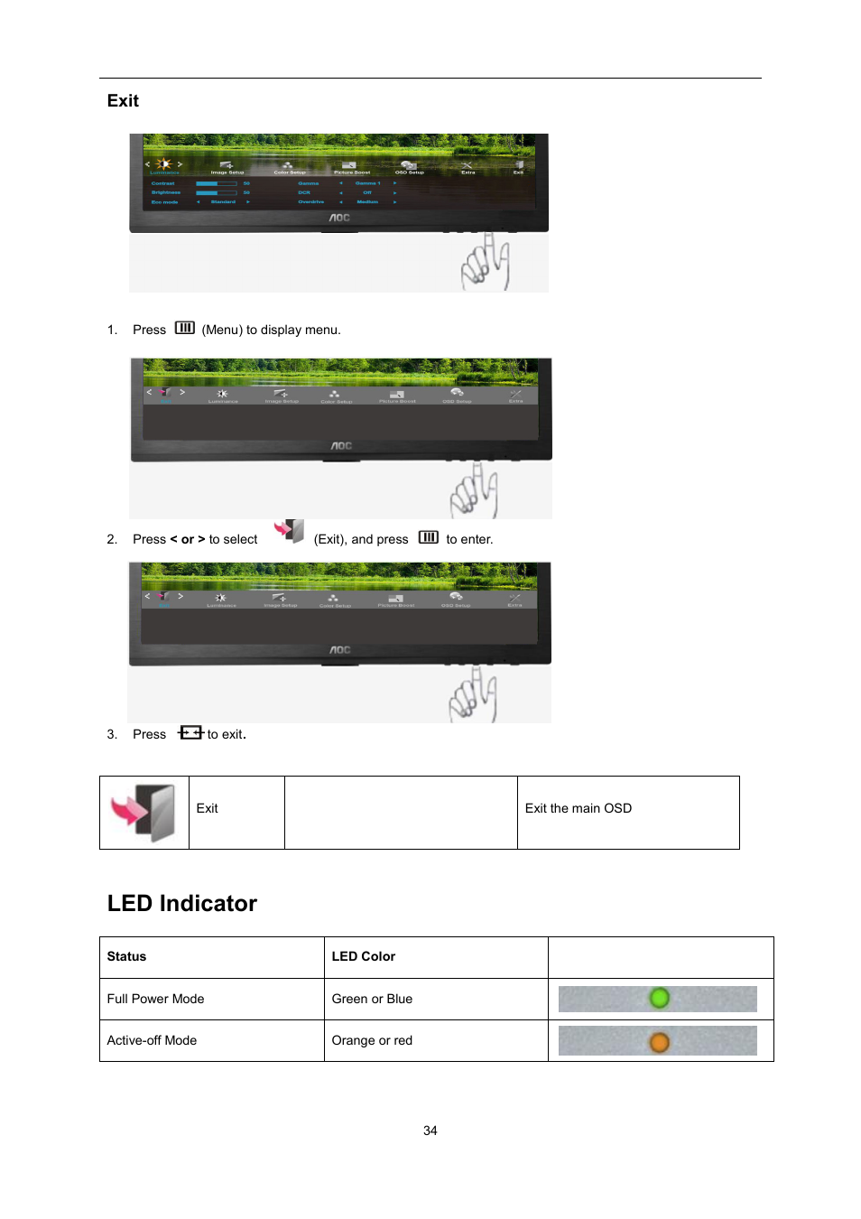 Exit, Led indicator | AOC E2460SH User Manual | Page 34 / 66