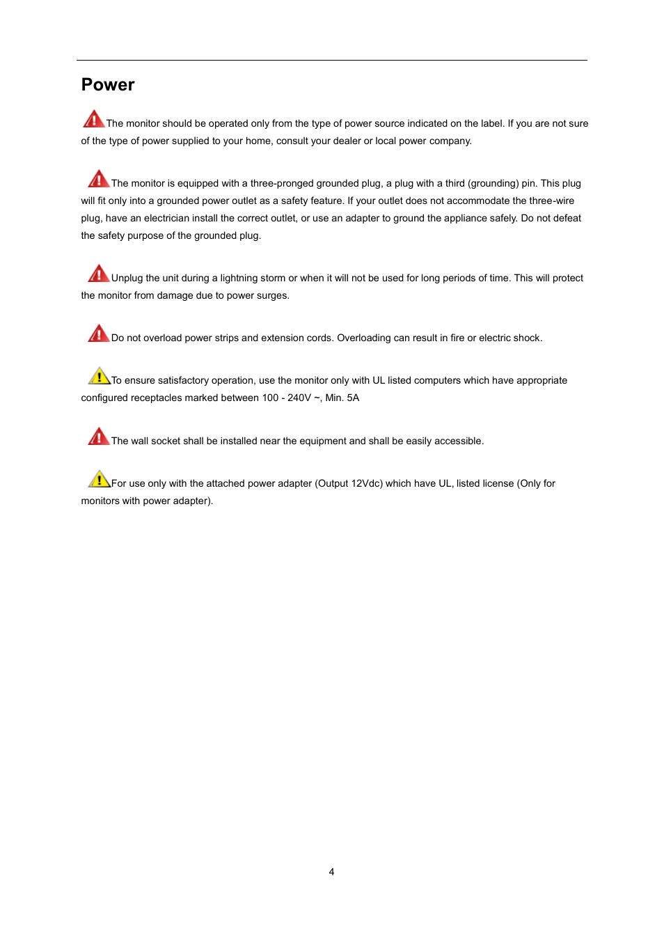 Power | AOC E2460SH User Manual | Page 4 / 66