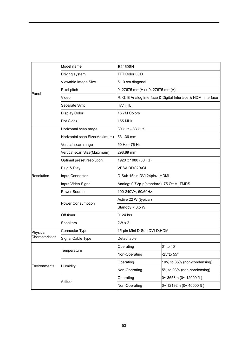 Specification, General specification | AOC E2460SH User Manual | Page 53 / 66