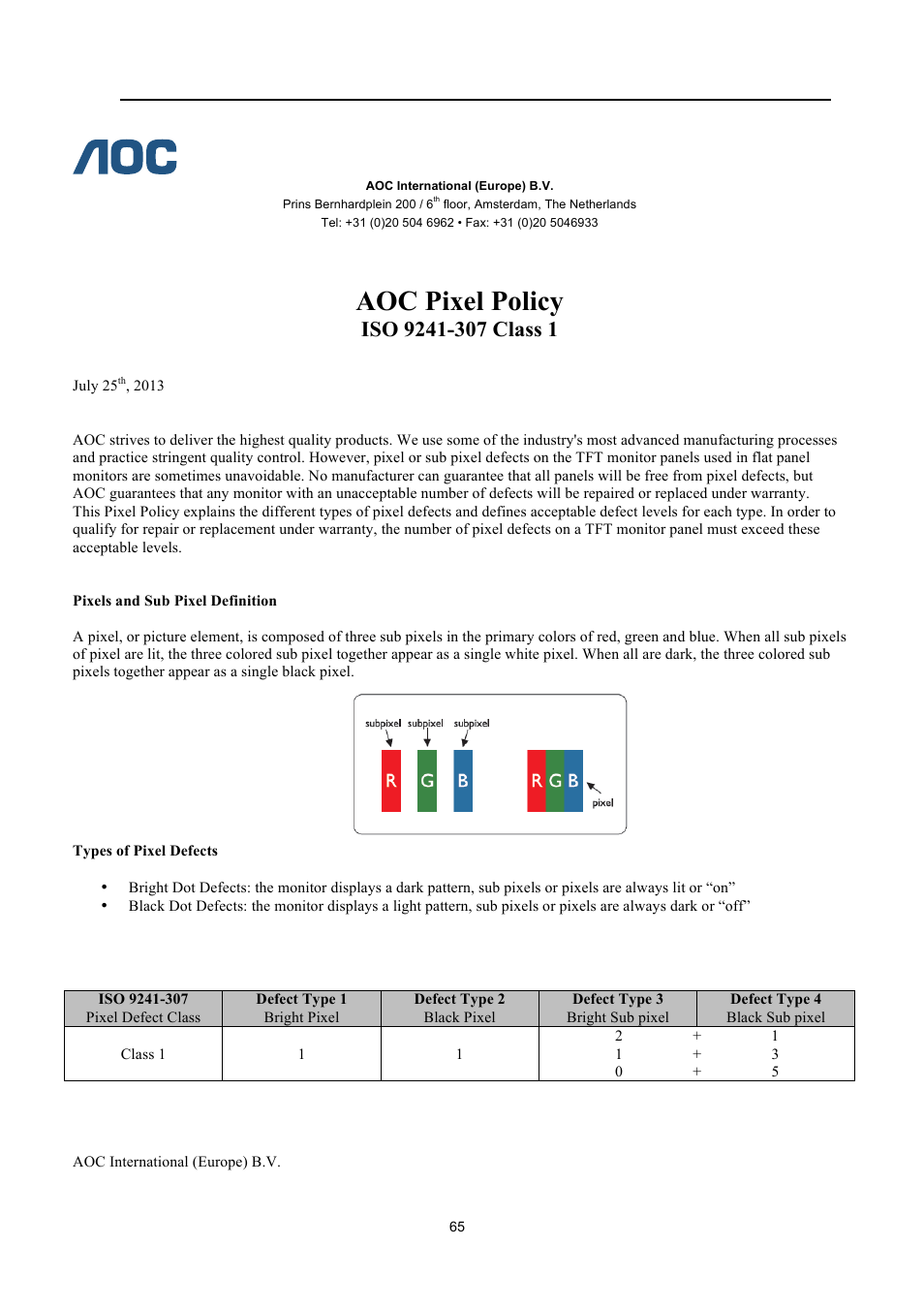 Aoc pixel policy iso 9241-307 class 1, Aoc pixel policy | AOC E2460SH User Manual | Page 65 / 66