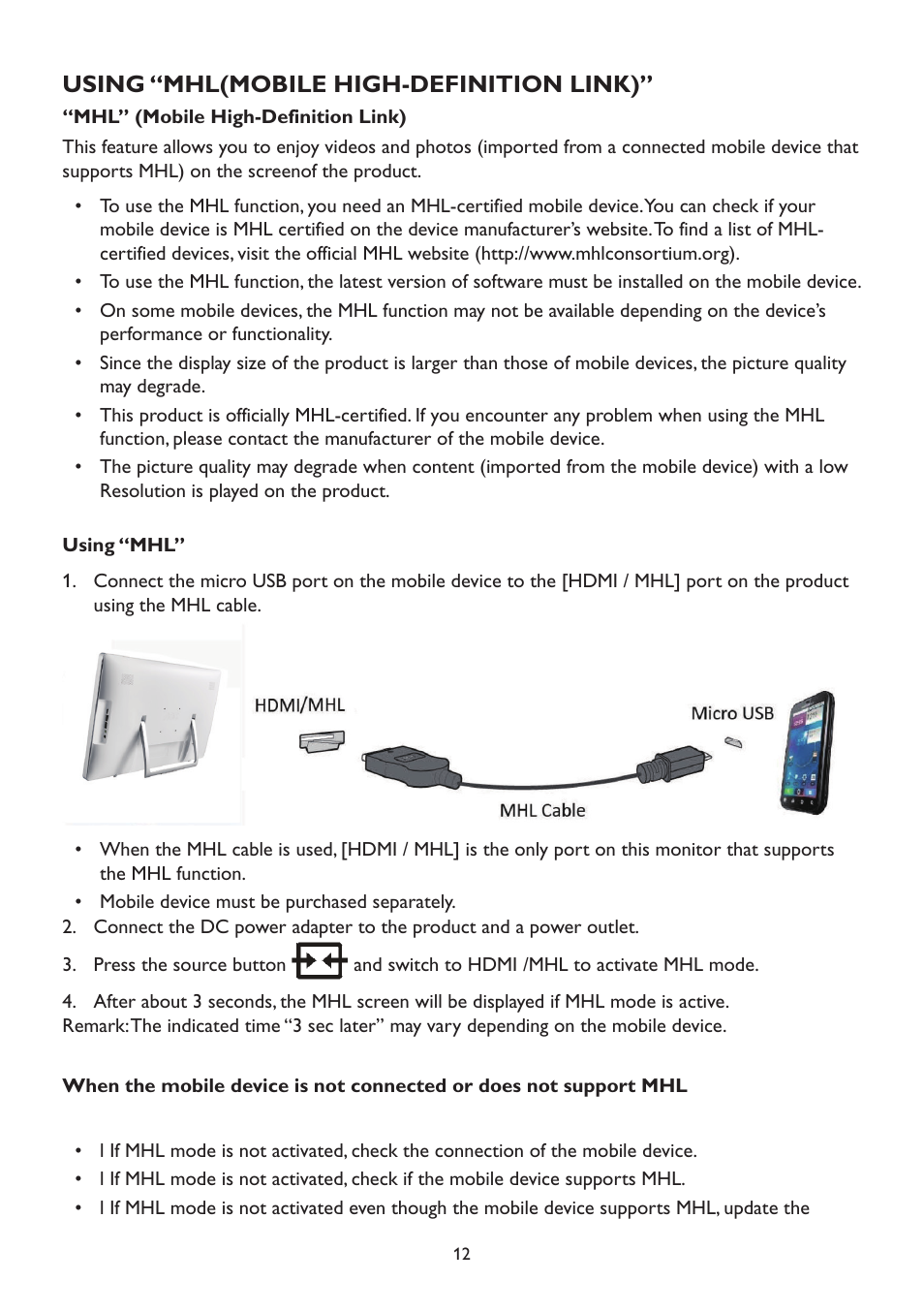 Using “mhl(mobile high-definition link) | AOC A2472PW4T User Manual | Page 12 / 72