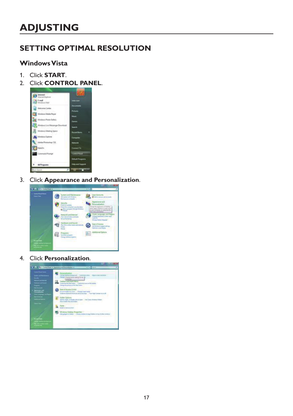 Adjusting, Setting optimal resolution, Windows vista | AOC A2472PW4T User Manual | Page 17 / 72