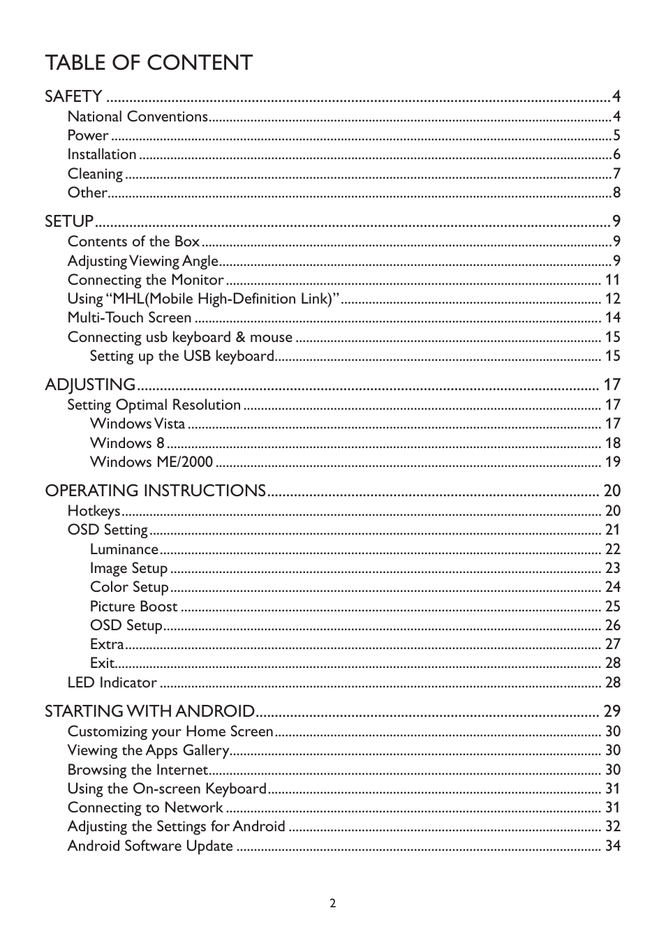 Table of content | AOC A2472PW4T User Manual | Page 2 / 72