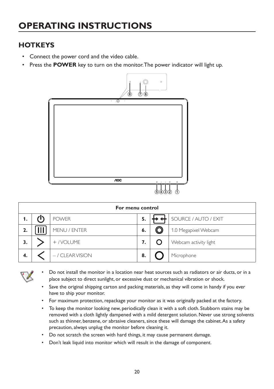 Operating instructions, Hotkeys | AOC A2472PW4T User Manual | Page 20 / 72
