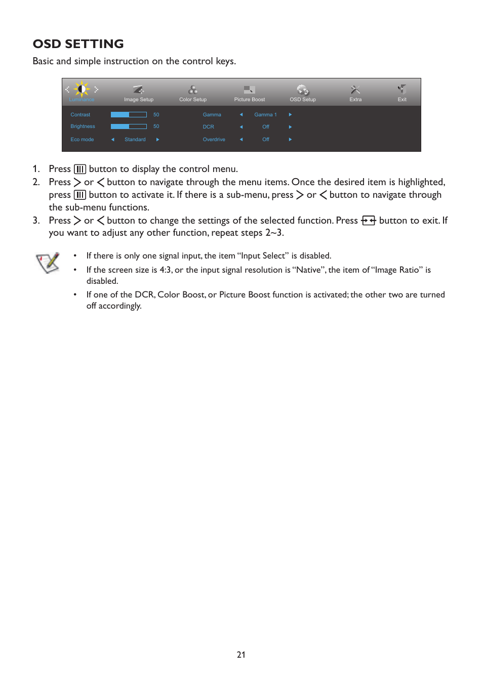 Osd setting, Basic and simple instruction on the control keys | AOC A2472PW4T User Manual | Page 21 / 72