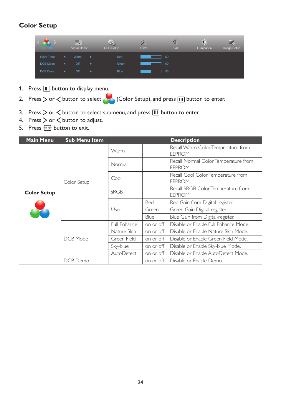 Color setup | AOC A2472PW4T User Manual | Page 24 / 72