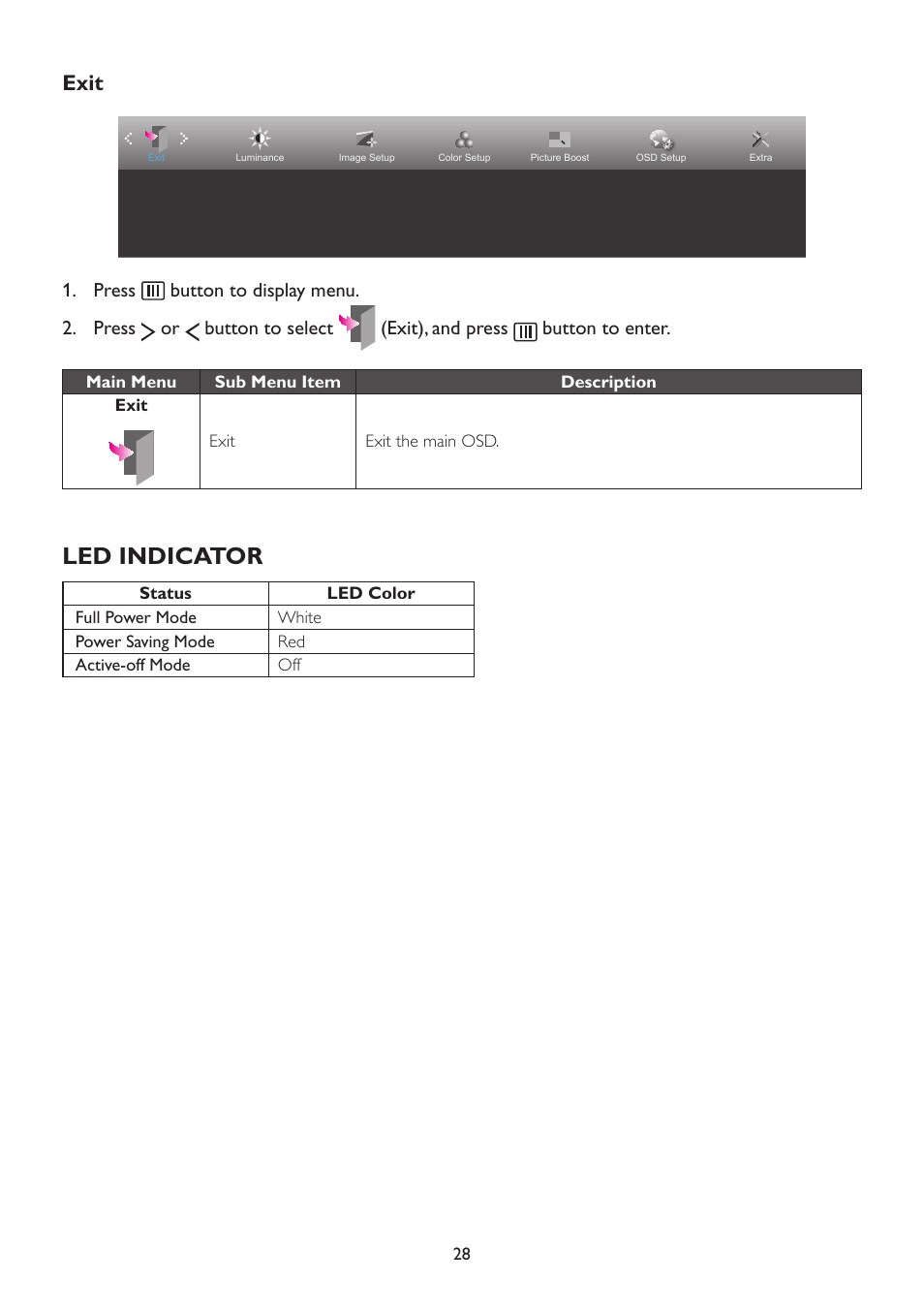 Exit, Led indicator | AOC A2472PW4T User Manual | Page 28 / 72