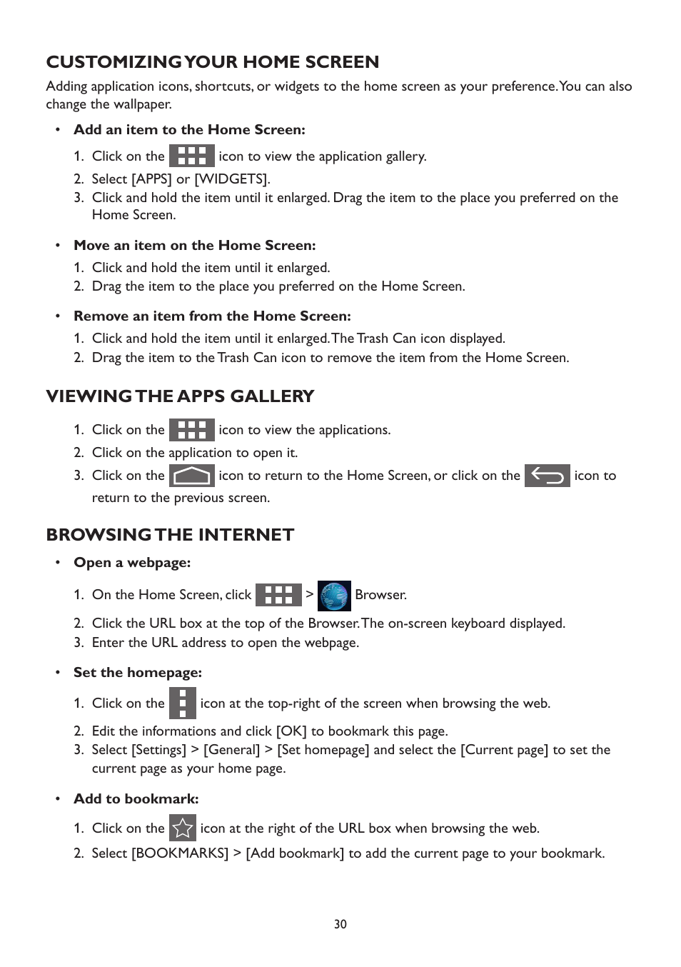 Customizing your home screen, Viewing the apps gallery, Browsing the internet | AOC A2472PW4T User Manual | Page 30 / 72