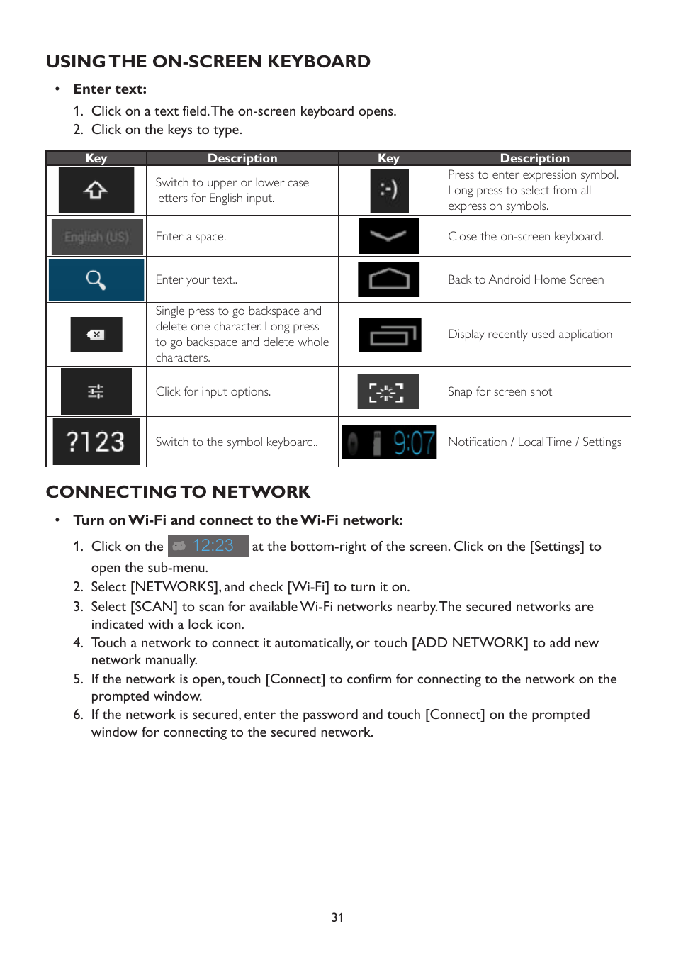 Using the on-screen keyboard, Connecting to network, Using the on-screen keyboard connecting to network | AOC A2472PW4T User Manual | Page 31 / 72