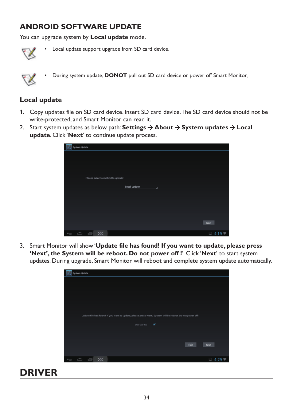 Android software update, Driver | AOC A2472PW4T User Manual | Page 34 / 72