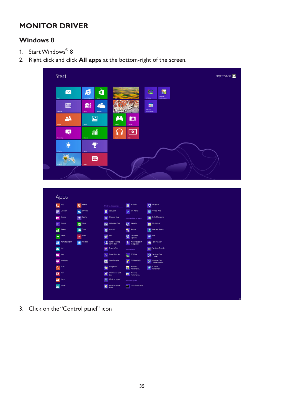 Monitor driver, Windows 8 | AOC A2472PW4T User Manual | Page 35 / 72