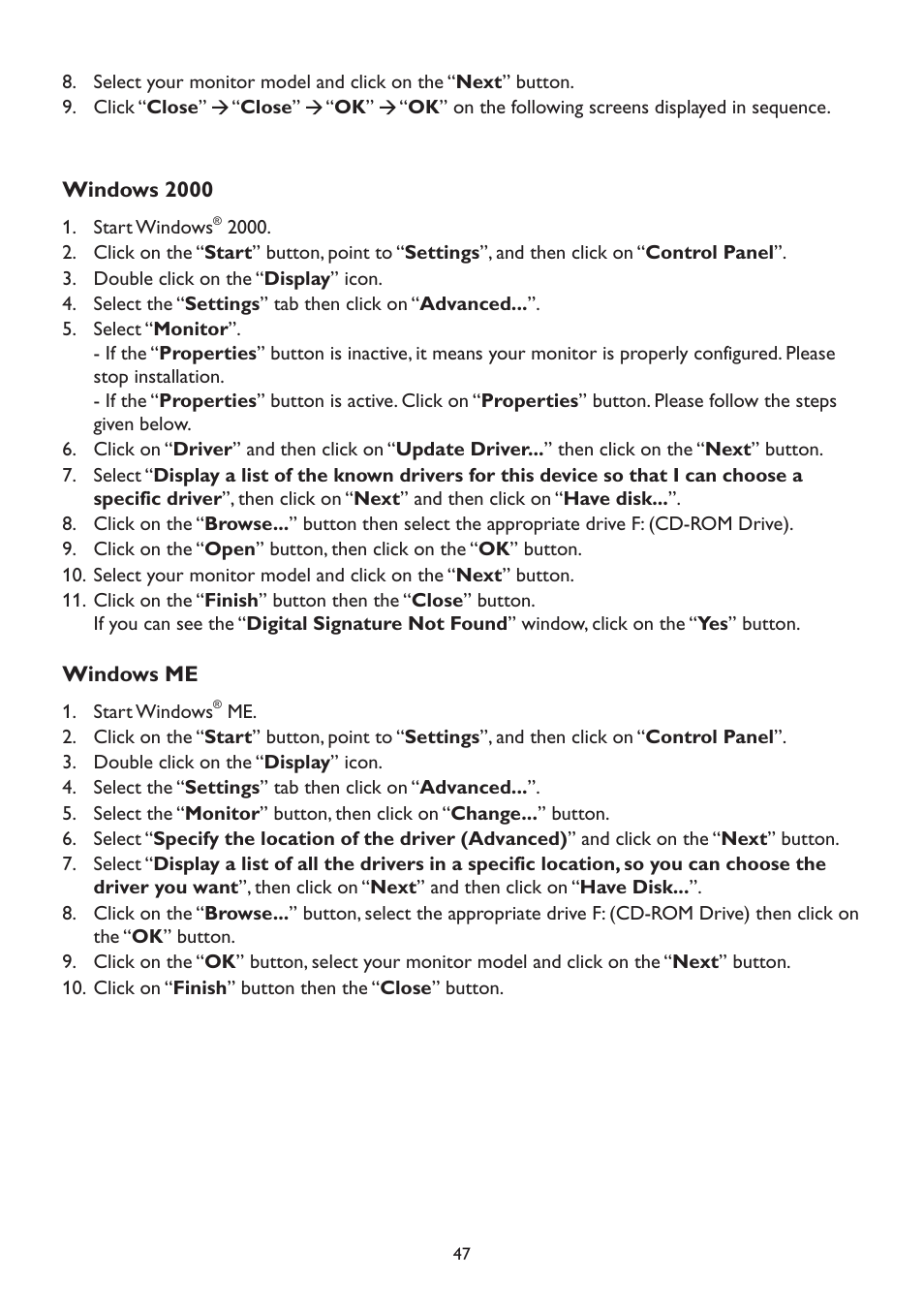 Windows 2000, Windows me, Windows 2000 windows me | AOC A2472PW4T User Manual | Page 47 / 72
