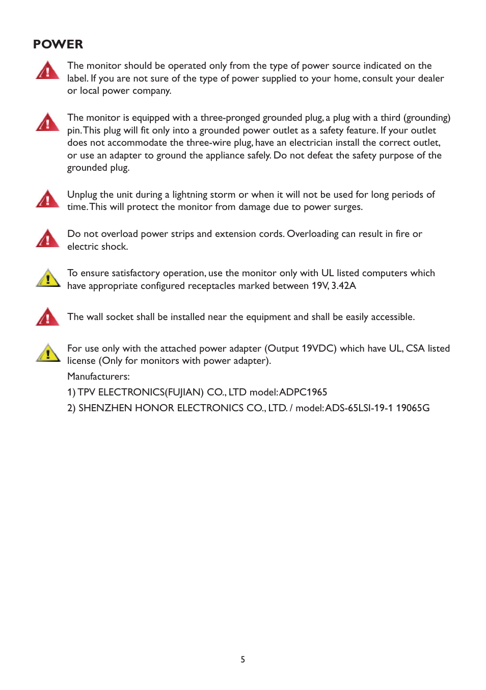 Power | AOC A2472PW4T User Manual | Page 5 / 72