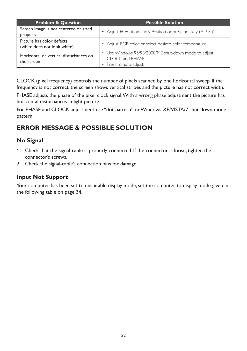 Error message & possible solution, No signal, Input not support | No signal input not support | AOC A2472PW4T User Manual | Page 52 / 72