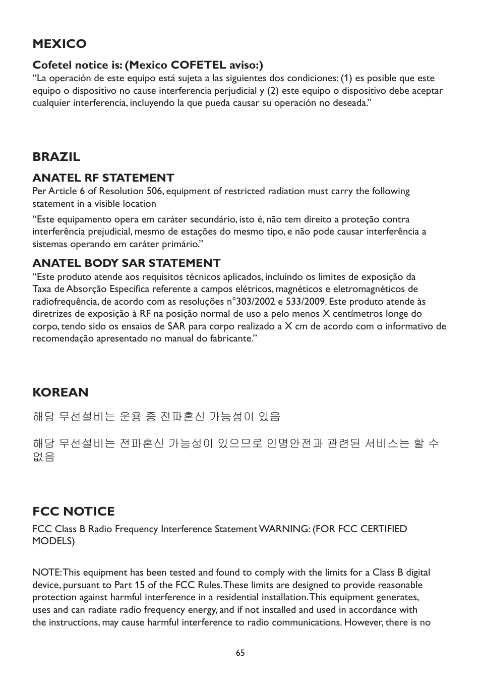 Mexico, Brazil, Korean | Fcc notice, Mexico brazil korean fcc notice | AOC A2472PW4T User Manual | Page 65 / 72