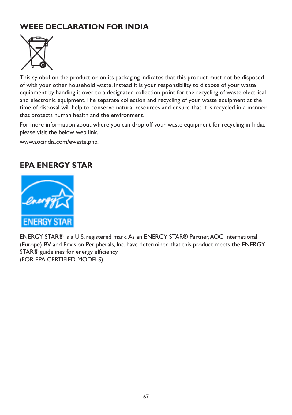 Weee declaration for india, Epa energy star, Weee declaration for india epa energy star | AOC A2472PW4T User Manual | Page 67 / 72