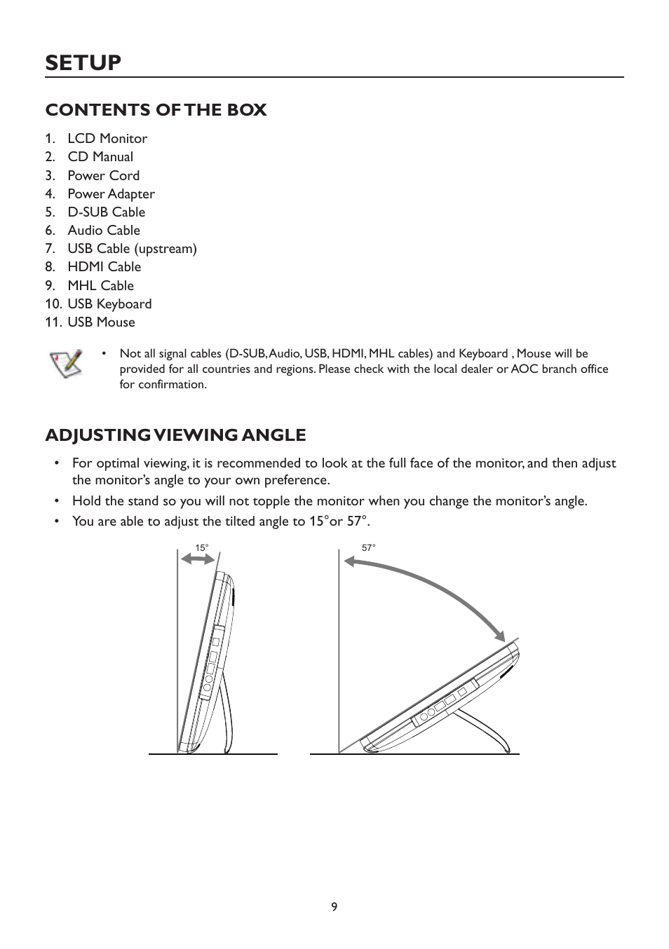 Setup, Contents of the box, Adjusting viewing angle | Contents of the box adjusting viewing angle | AOC A2472PW4T User Manual | Page 9 / 72