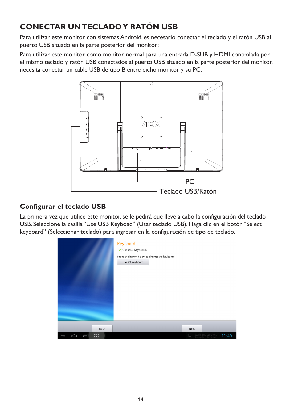 Conectar un teclado y ratón usb, Configurar el teclado usb | AOC A2472PW4T User Manual | Page 14 / 71