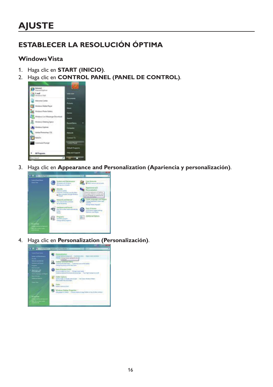 Ajuste, Establecer la resolución óptima, Windows vista | AOC A2472PW4T User Manual | Page 16 / 71