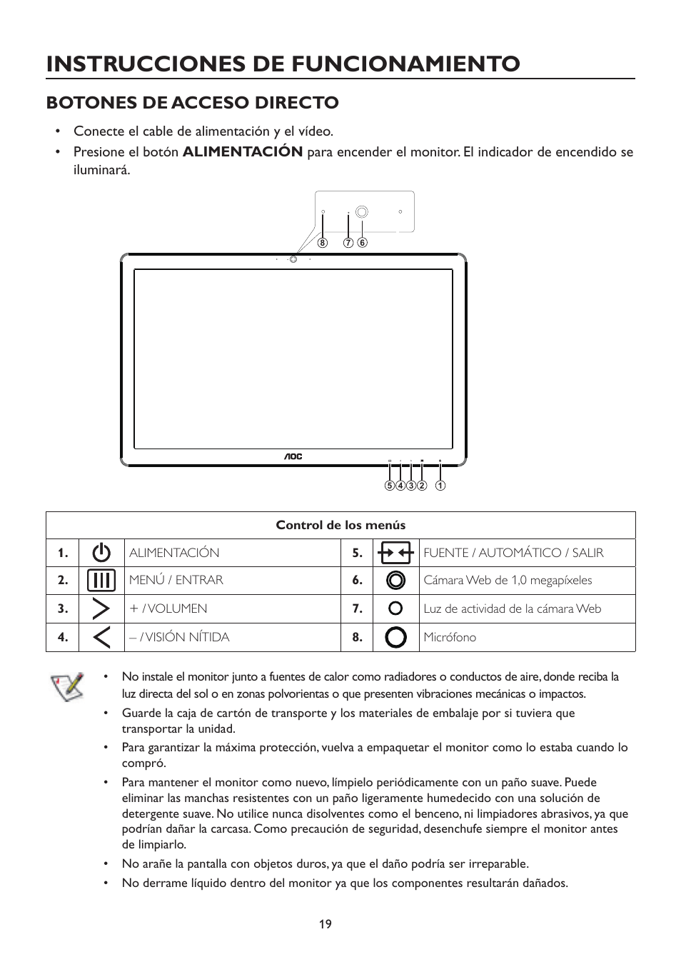 Instrucciones de funcionamiento, Botones de acceso directo | AOC A2472PW4T User Manual | Page 19 / 71