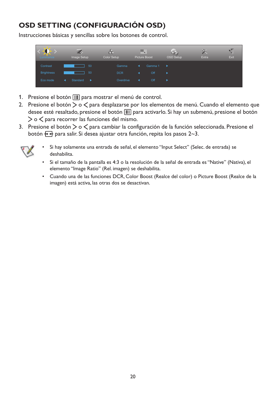 Osd setting (configuración osd) | AOC A2472PW4T User Manual | Page 20 / 71