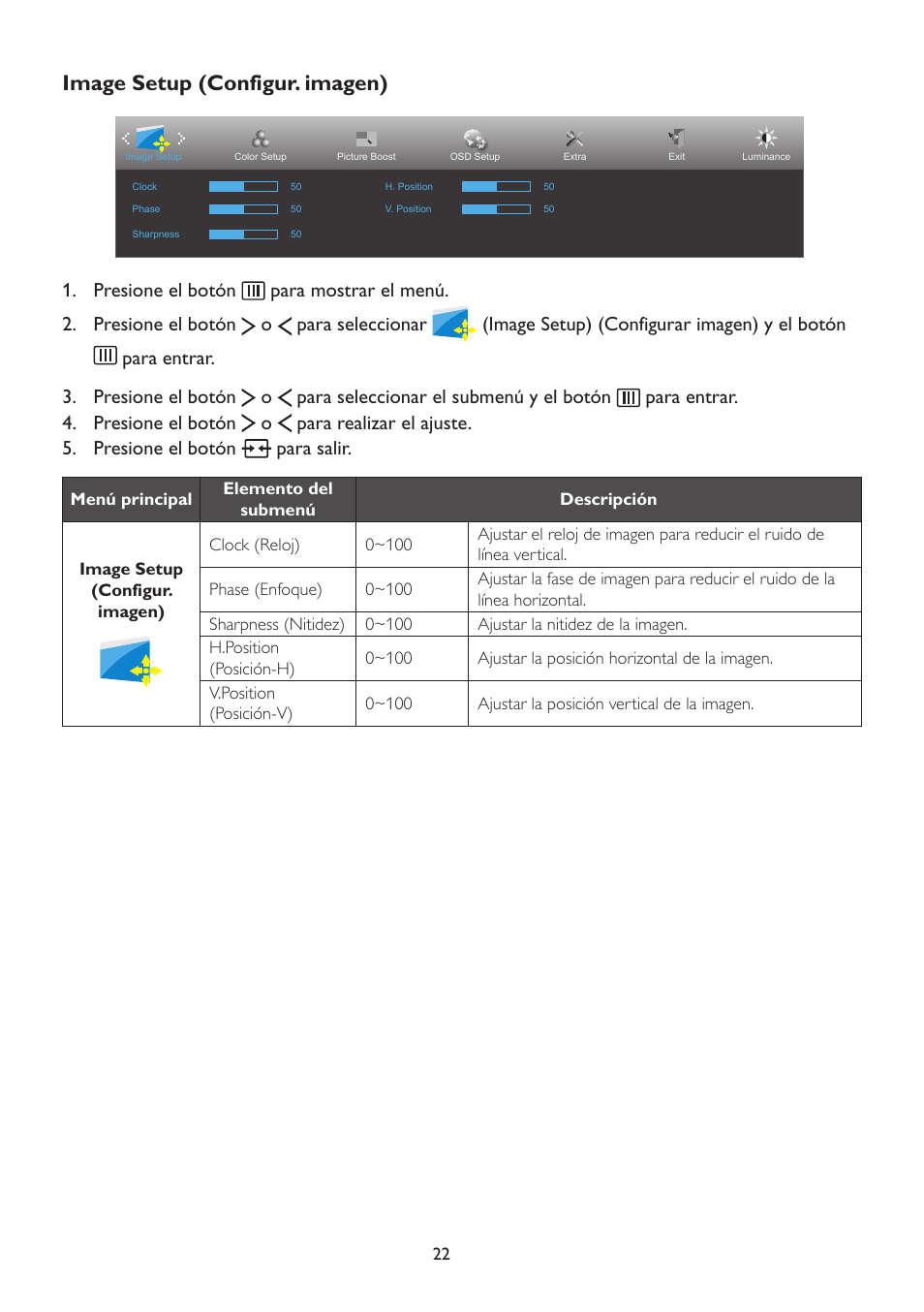 Image setup (configur. imagen) | AOC A2472PW4T User Manual | Page 22 / 71