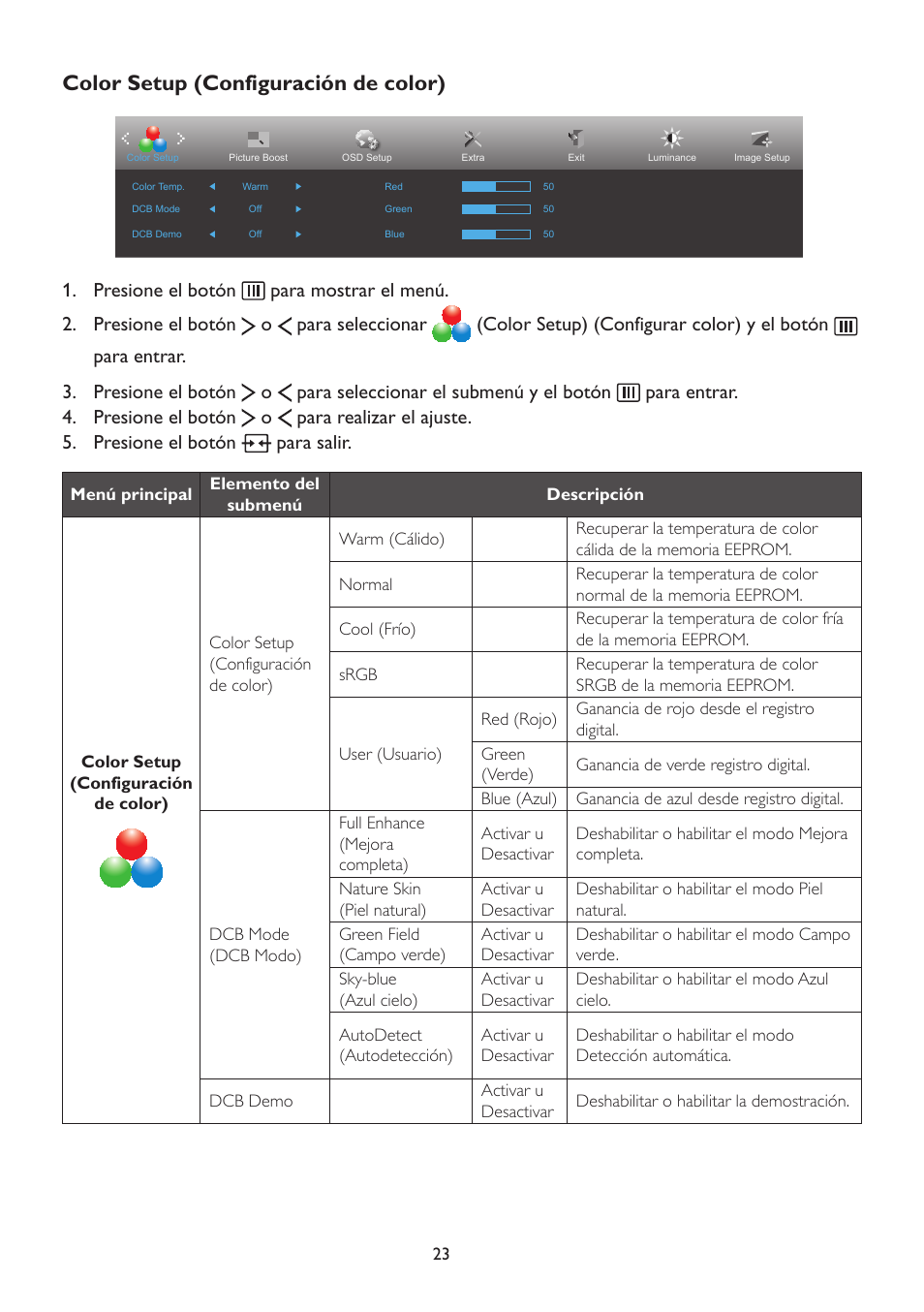 Color setup (configuración de color) | AOC A2472PW4T User Manual | Page 23 / 71