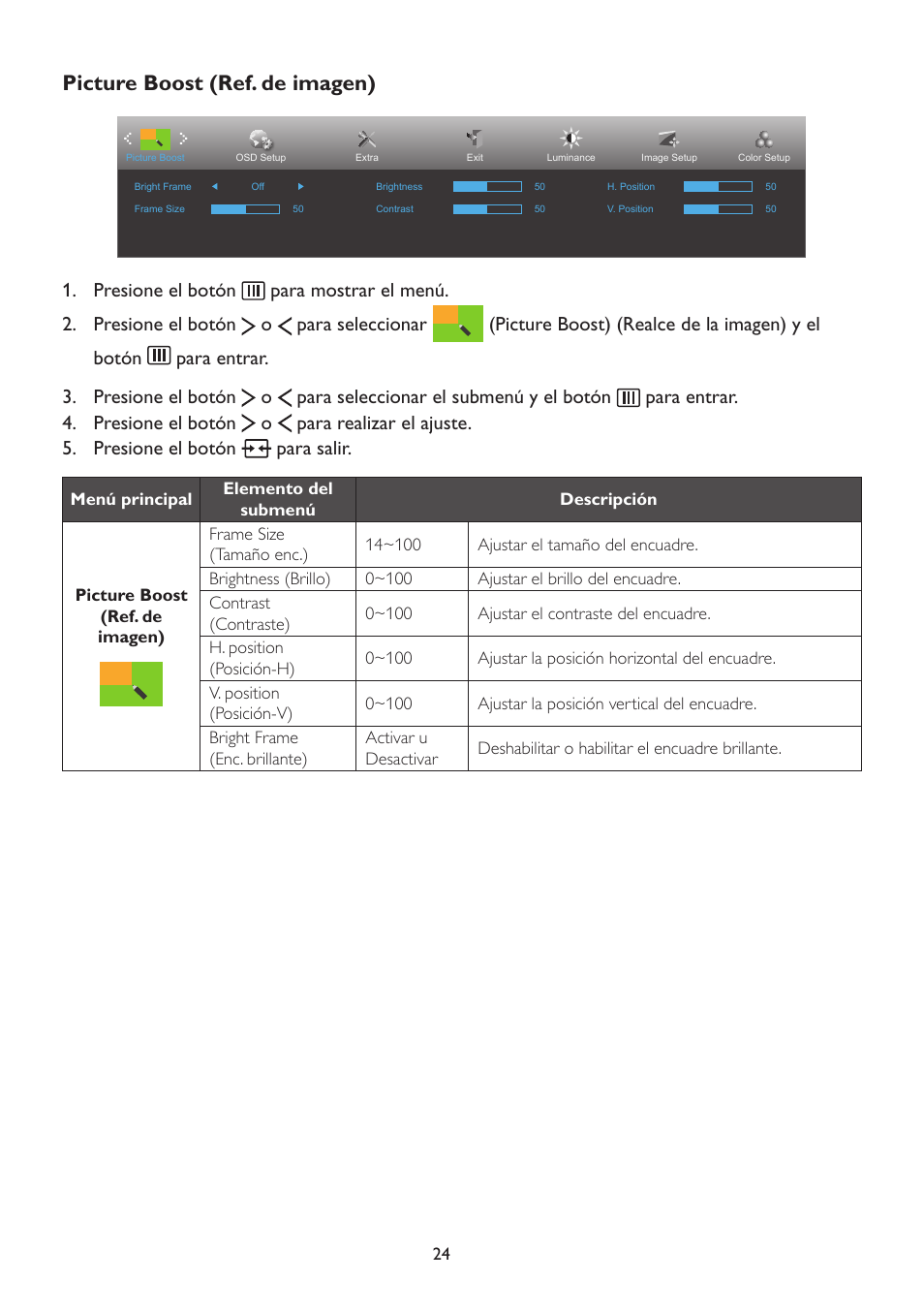 Picture boost (ref. de imagen) | AOC A2472PW4T User Manual | Page 24 / 71