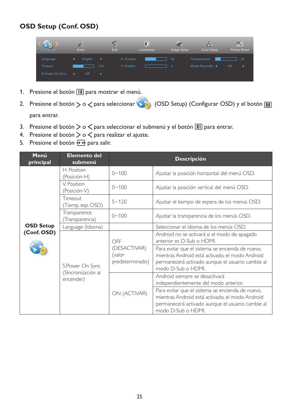 Osd setup (conf. osd) | AOC A2472PW4T User Manual | Page 25 / 71