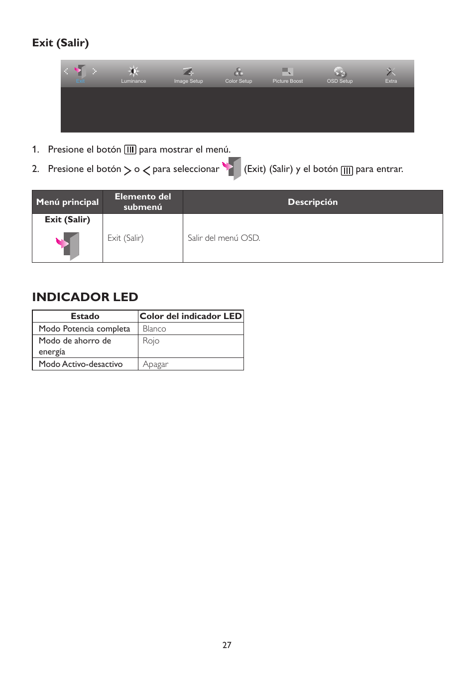 Exit (salir), Indicador led | AOC A2472PW4T User Manual | Page 27 / 71