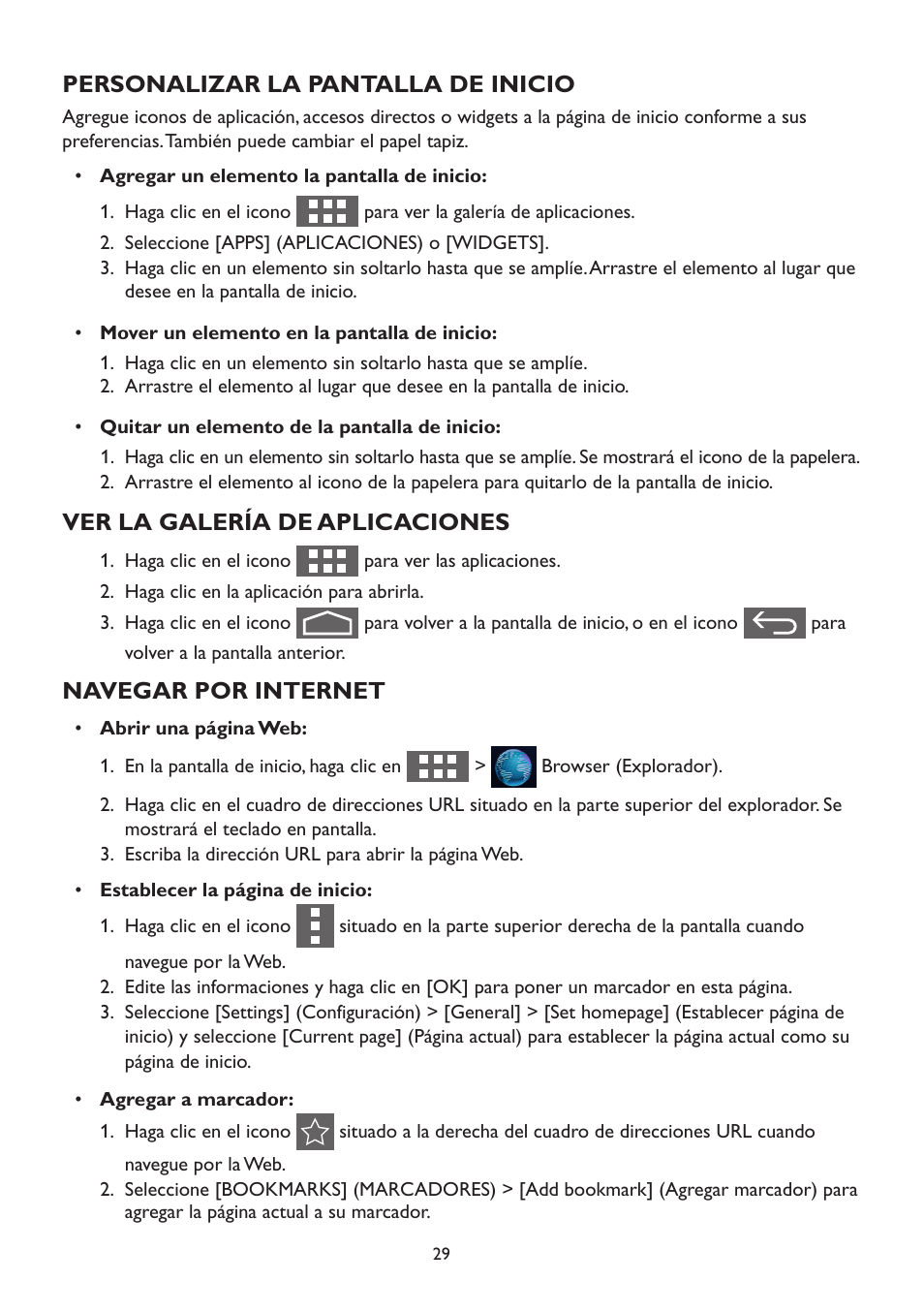 Personalizar la pantalla de inicio, Ver la galería de aplicaciones, Navegar por internet | AOC A2472PW4T User Manual | Page 29 / 71