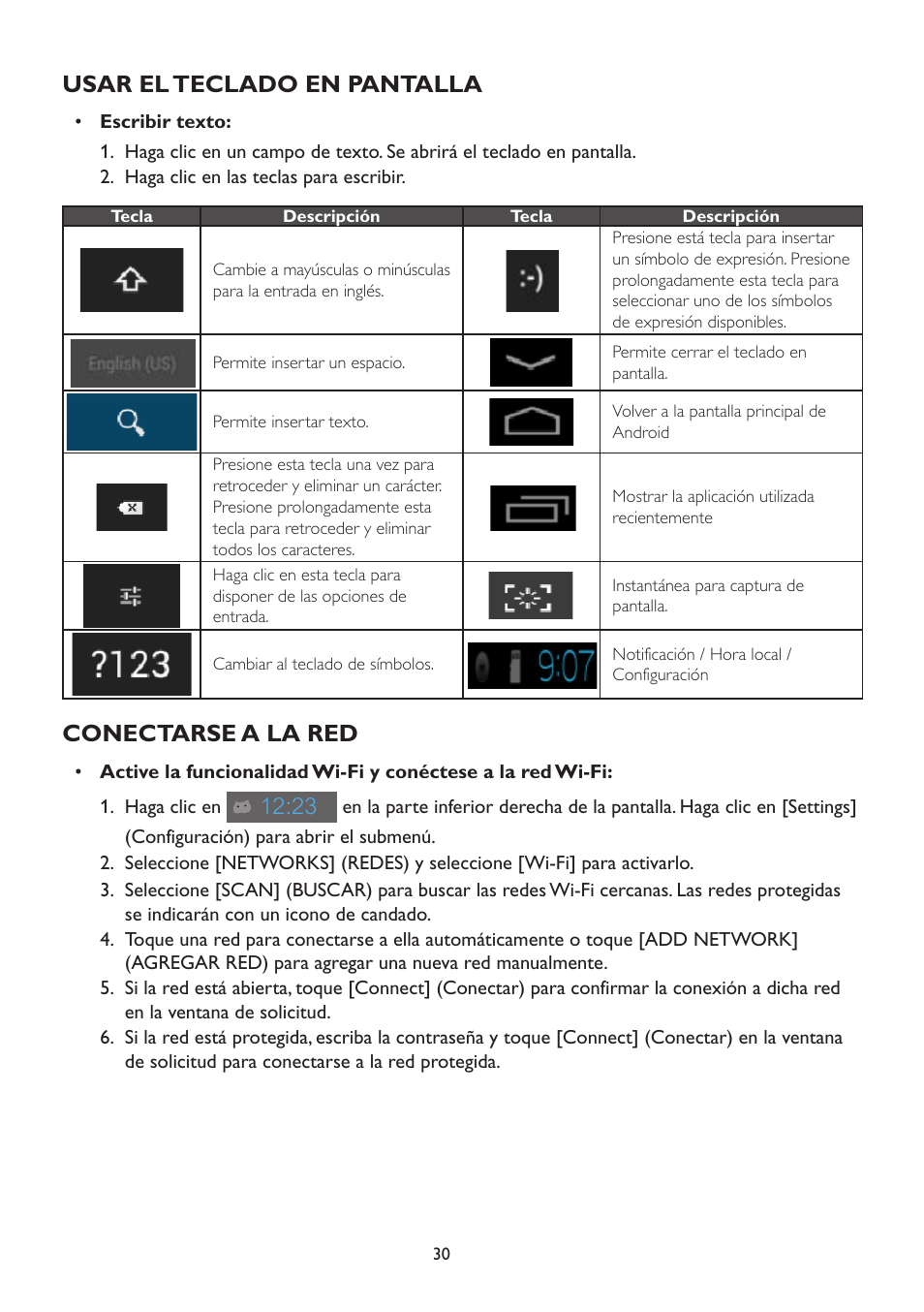 Usar el teclado en pantalla, Conectarse a la red, Usar el teclado en pantalla conectarse a la red | AOC A2472PW4T User Manual | Page 30 / 71