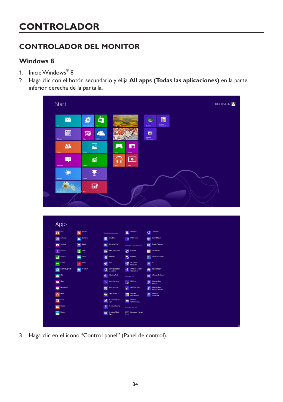 Controlador, Controlador del monitor, Windows 8 | AOC A2472PW4T User Manual | Page 34 / 71