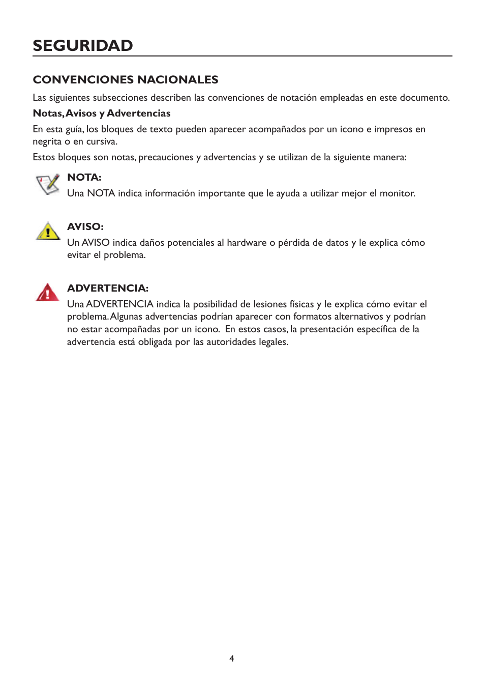 Seguridad, Convenciones nacionales | AOC A2472PW4T User Manual | Page 4 / 71