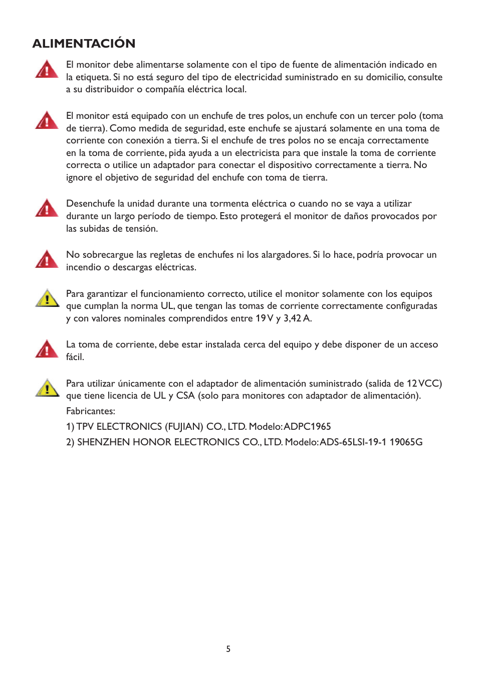 Alimentación | AOC A2472PW4T User Manual | Page 5 / 71