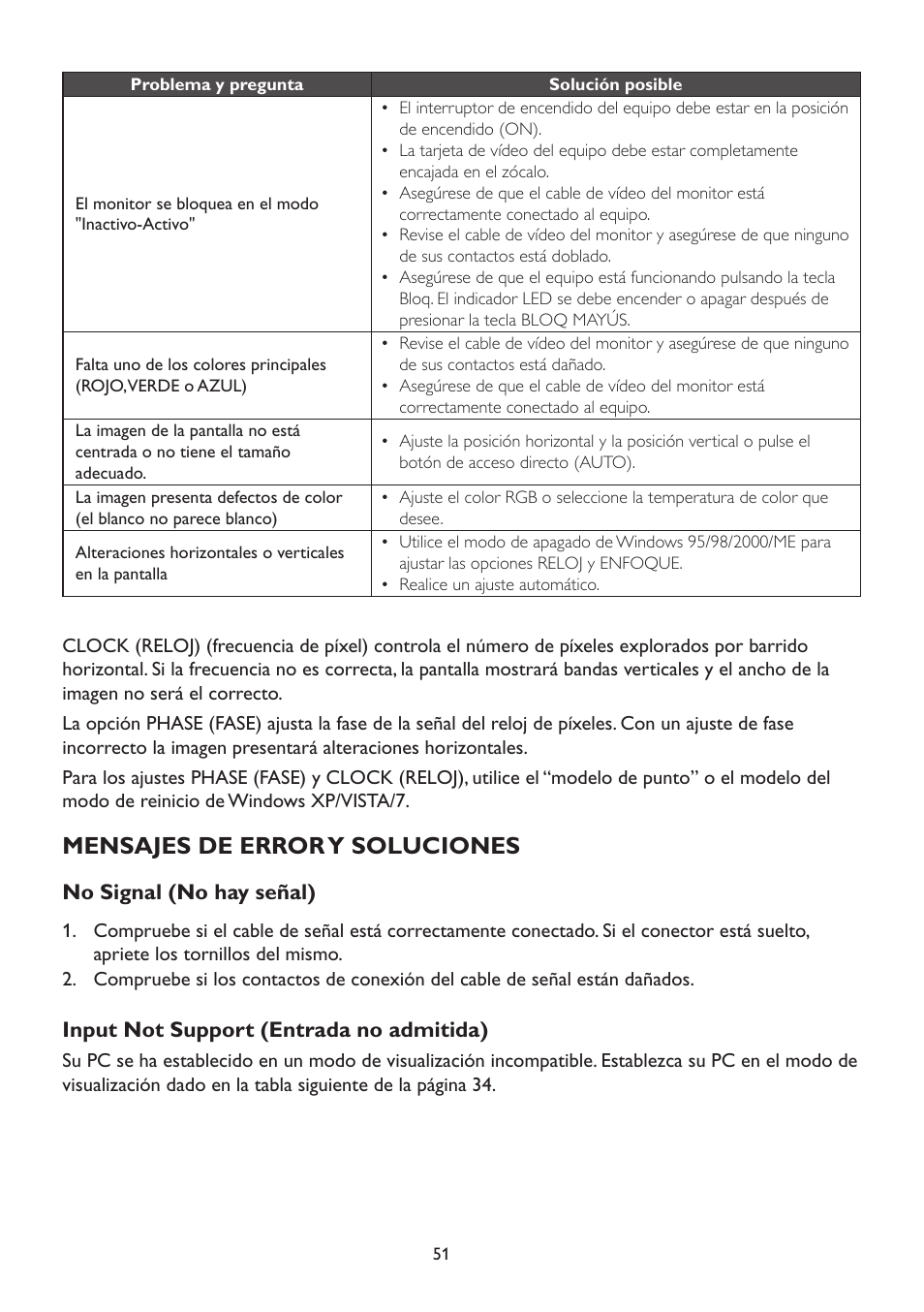 Mensajes de error y soluciones, No signal (no hay señal), Input not support (entrada no admitida) | AOC A2472PW4T User Manual | Page 51 / 71