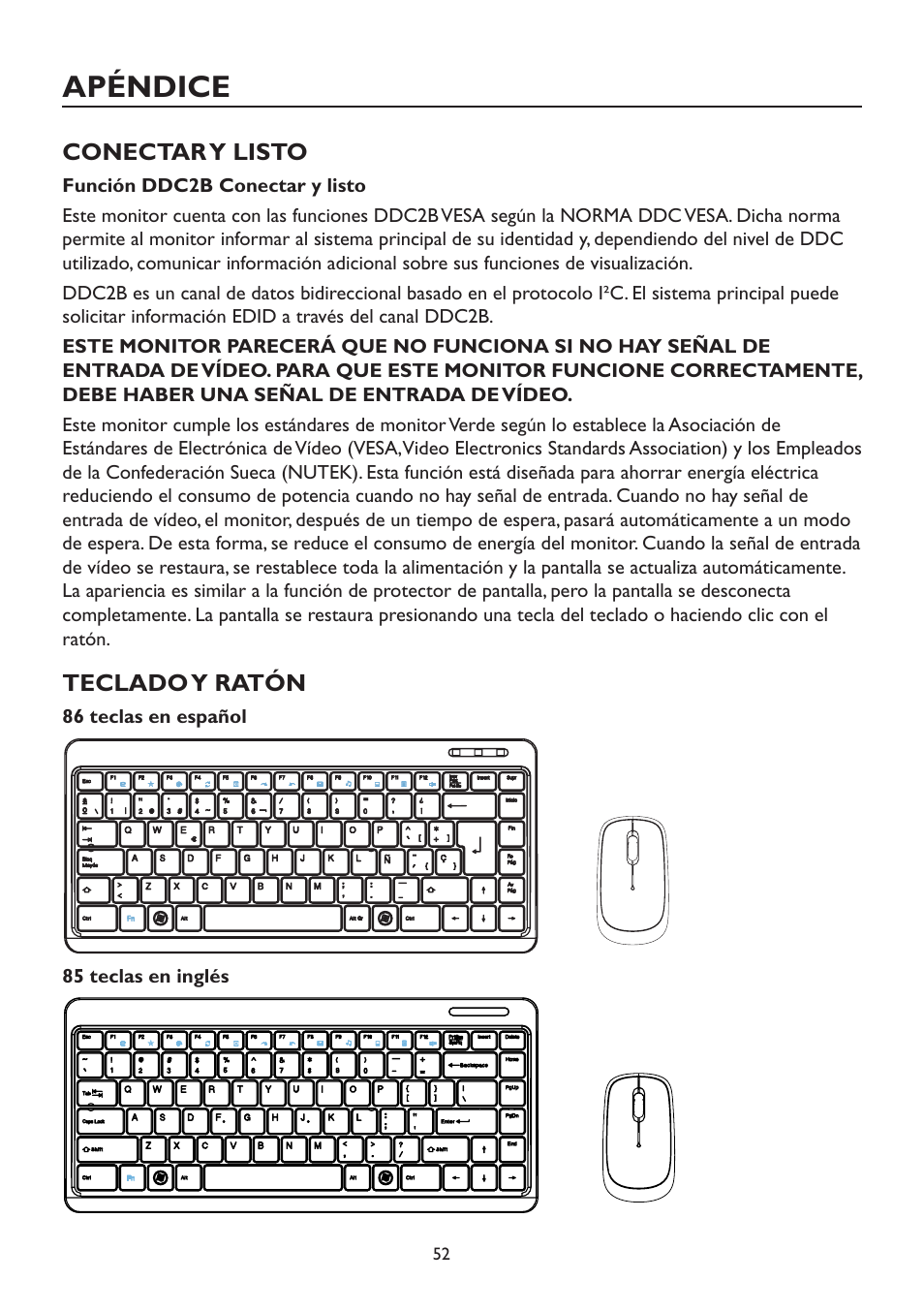 Apéndice, Conectar y listo, Teclado y ratón | Conectar y listo teclado y ratón | AOC A2472PW4T User Manual | Page 52 / 71