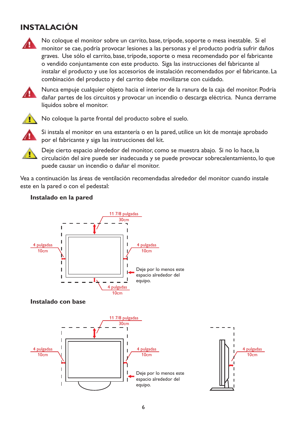 Instalación, Instalado con base | AOC A2472PW4T User Manual | Page 6 / 71