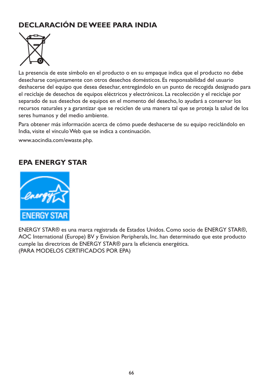 Declaración de weee para india, Epa energy star, Declaración de weee para india epa energy star | AOC A2472PW4T User Manual | Page 66 / 71