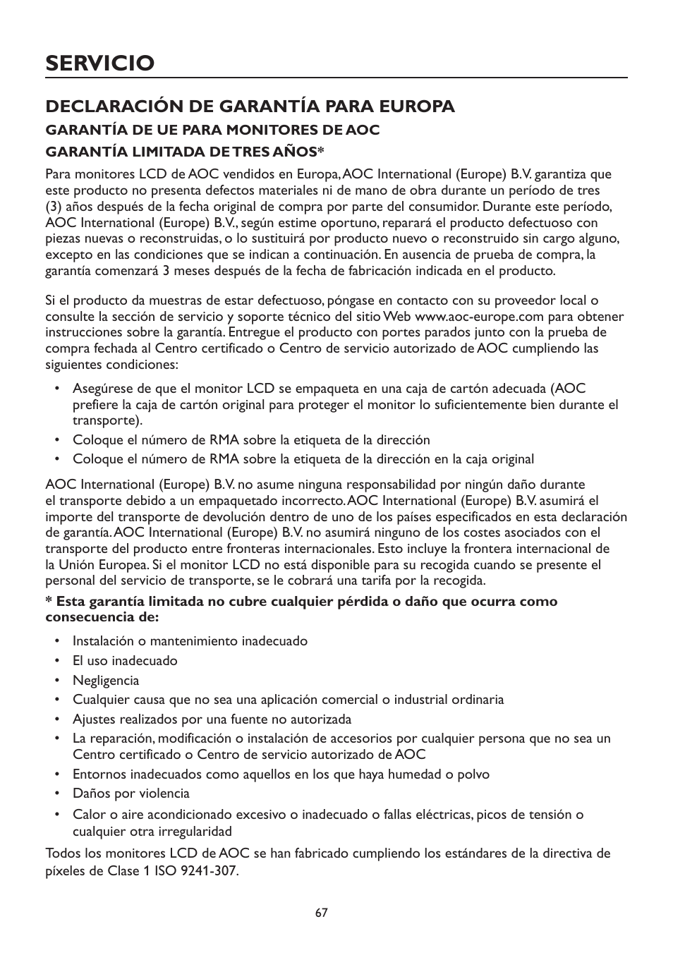 Servicio, Declaración de garantía para europa | AOC A2472PW4T User Manual | Page 67 / 71