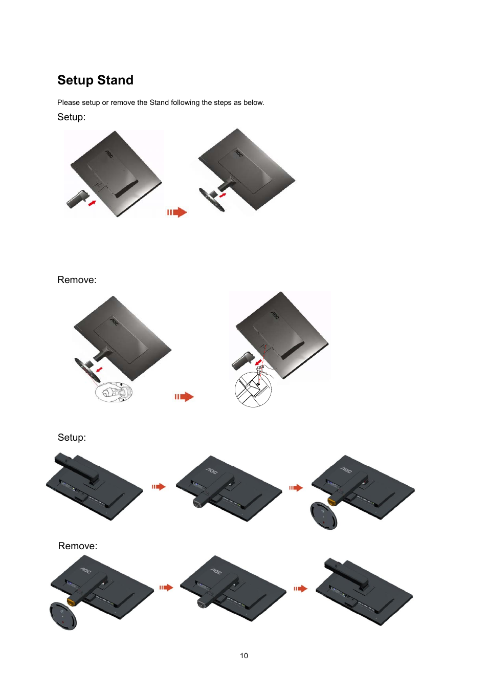 Adjusting viewing angle, Setup stand, Setup | Remove, Setup: remove | AOC I2470PWQU User Manual | Page 10 / 73