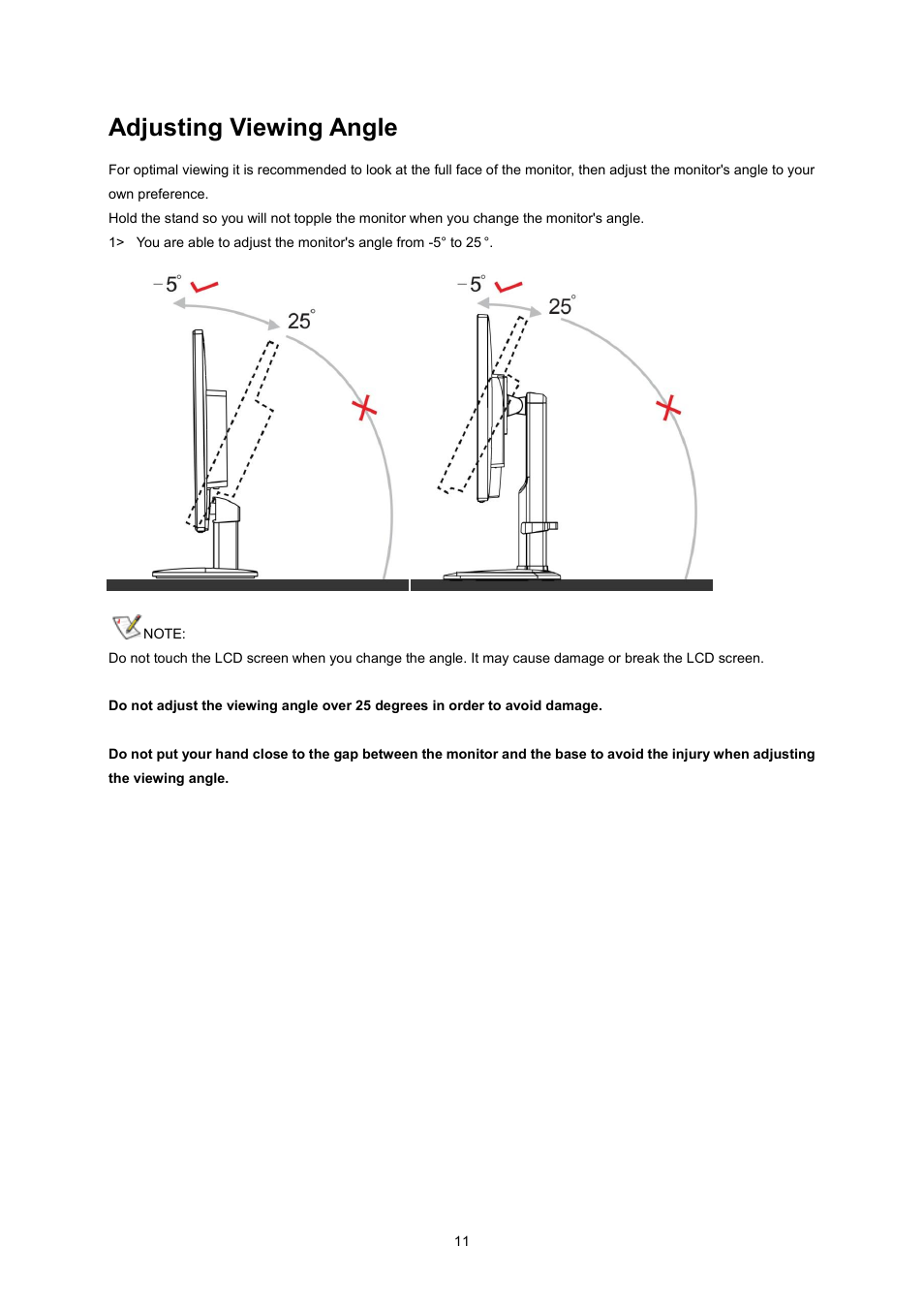 Connecting the monitor, Adjusting viewing angle | AOC I2470PWQU User Manual | Page 11 / 73