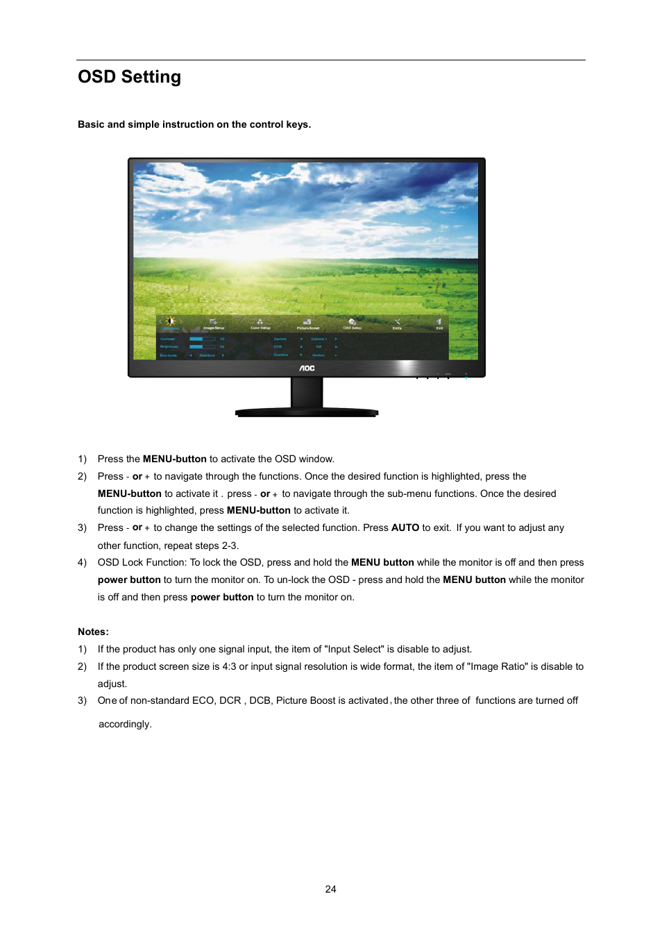 Osd setting | AOC I2470PWQU User Manual | Page 24 / 73