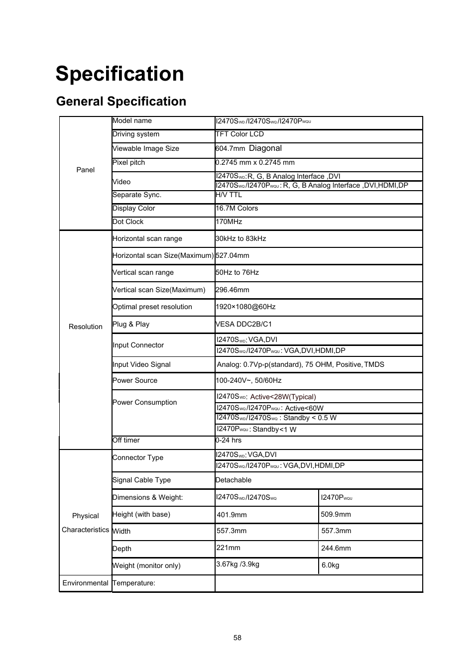 Windows me, Windows xp, Specification | General specification | AOC I2470PWQU User Manual | Page 58 / 73