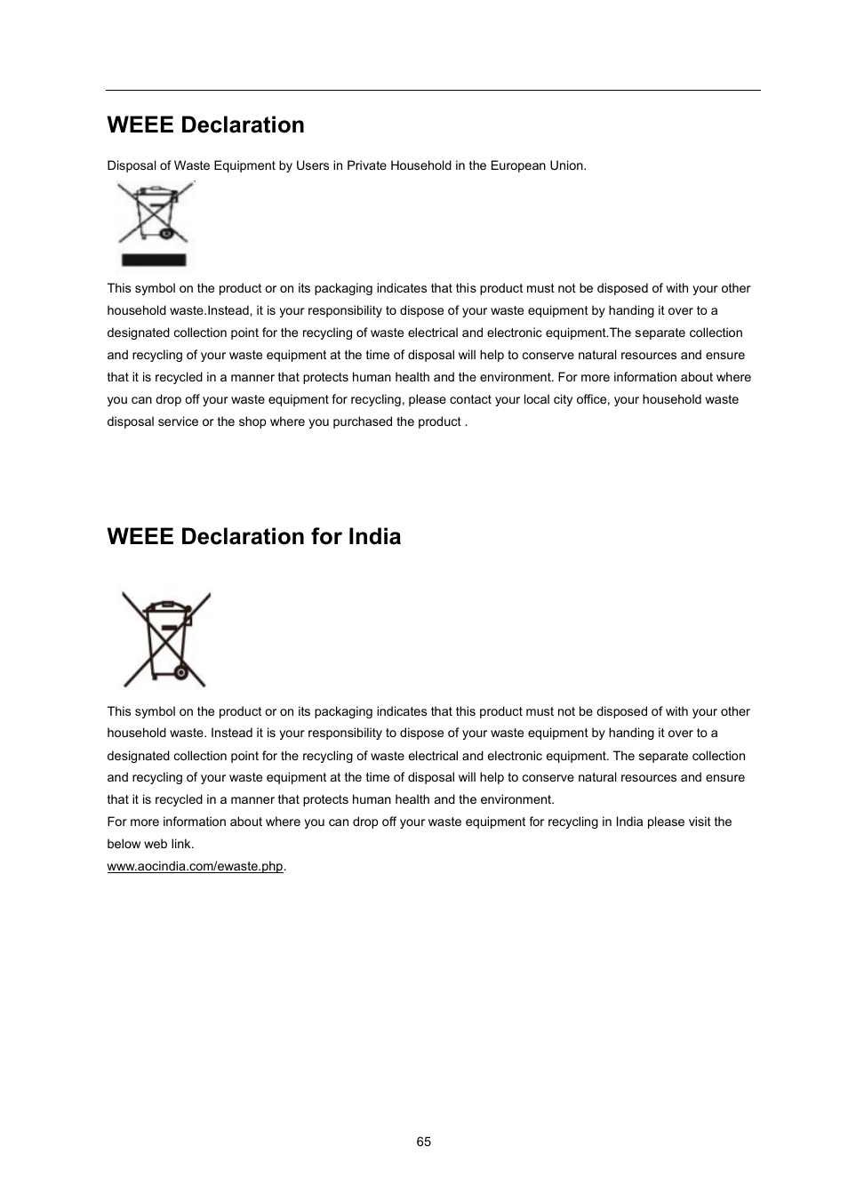 Weee declaration, Weee declaration for india | AOC I2470PWQU User Manual | Page 65 / 73