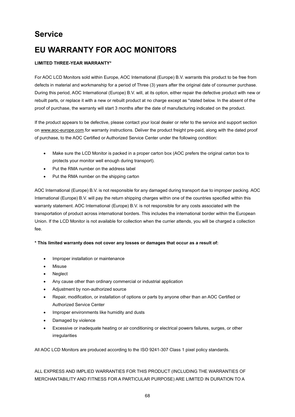 Plug and play, Regulation, Service eu warranty for aoc monitors | AOC I2470PWQU User Manual | Page 68 / 73