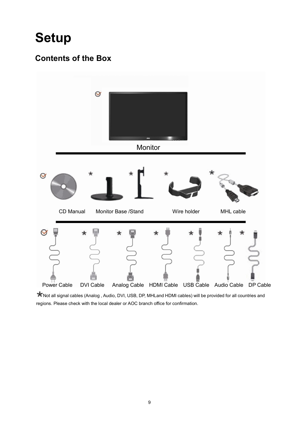 Contents of box, Setup stand, Setup | Contents of the box | AOC I2470PWQU User Manual | Page 9 / 73