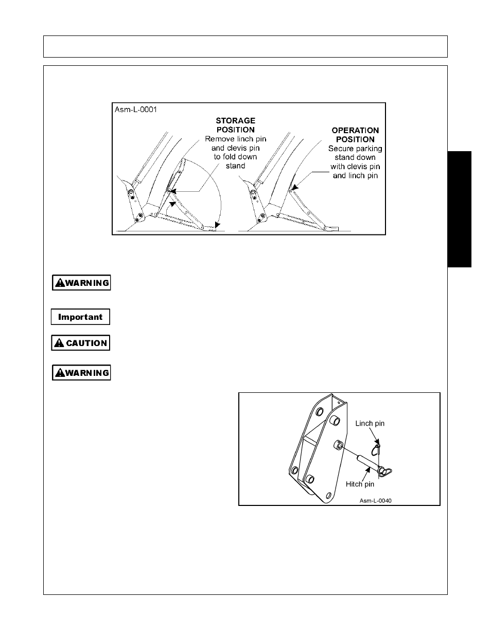 Dismounting loader and mounting loader to tractor, Dismounting loader, Locate tractor and loader on firm level ground | Assembly, Assembl y | Bush Hog 5145 User Manual | Page 39 / 106